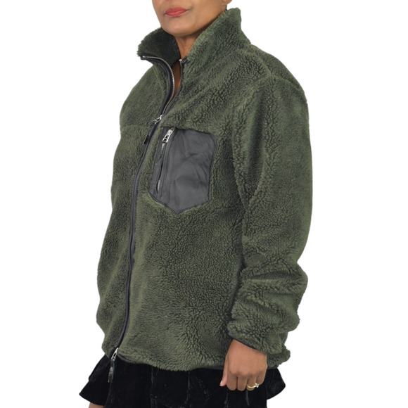 Anine Bing Ryder Faux Fur Jacket Green Olive Sherpa Teddy Plush Zip Front Small - Picture 2 of 16